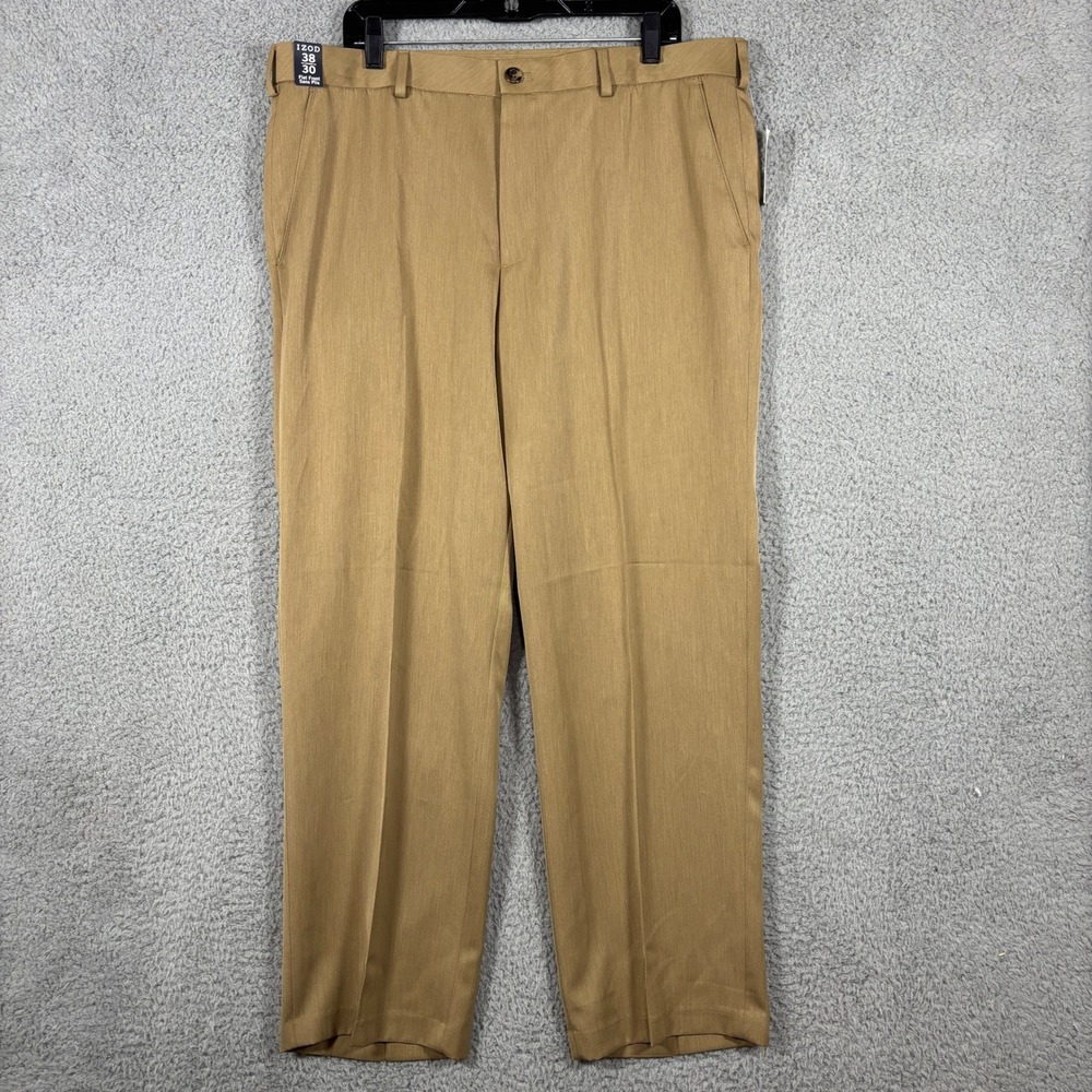 IZOD Travel Pants Mens 38x30 Brown Ultimate SportFlex Straight Flat Front Basix